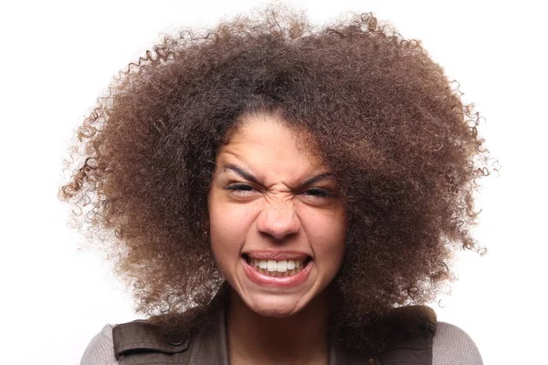 Jovem Mulher Negra Feliz Fundo Branco — Fotografia de Stock