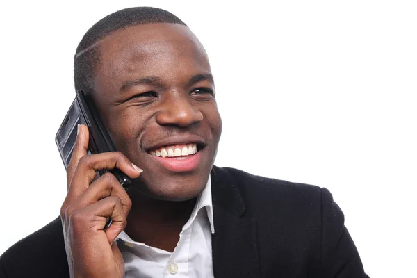 Homem Negócios Preto Falando Telefone Móvel — Fotografia de Stock