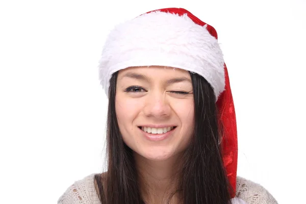 Junge Asiatische Mädchen Trägt Weihnachtsmütze Zwinkert — Stockfoto