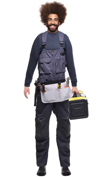 Mannelijke Werknemer Bedrijf Toolbox Dragen Werknemer Uniform — Stockfoto