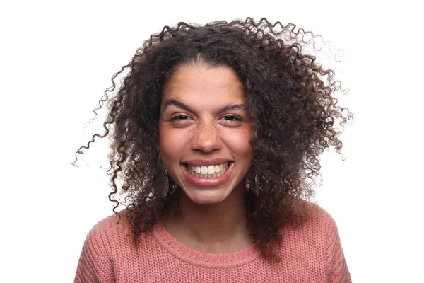 Mujer Negra Feliz Sobre Fondo Blanco —  Fotos de Stock