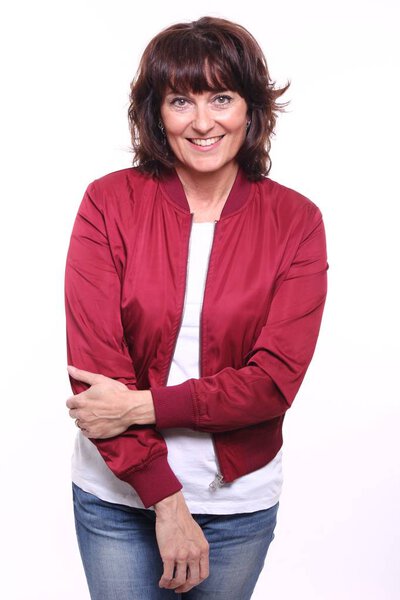 Happy adult brunette woman