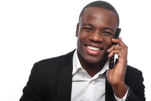 Homem Negócios Preto Falando Telefone Móvel — Fotografia de Stock