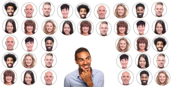 Hombre Afroamericano Está Pensando Trasfondo Iconos Con Caras Personas — Foto de Stock