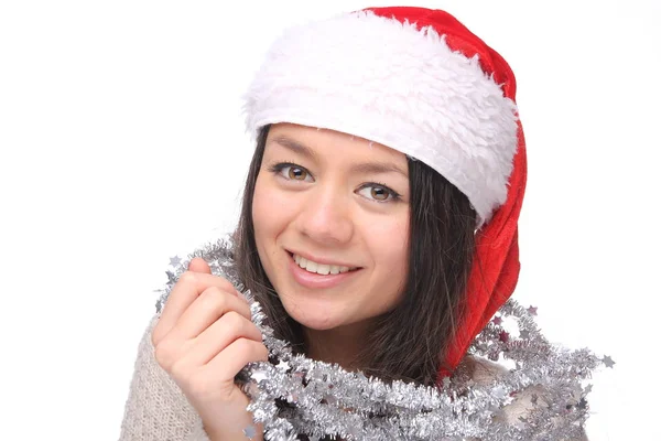 Glücklich Junge Asiatische Mädchen Trägt Weihnachtsmütze — Stockfoto