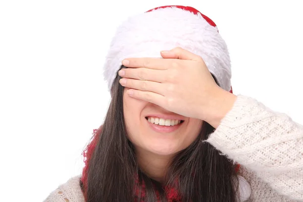 Feliz Jovem Ásia Menina Vestindo Natal Chapéu Cobrindo Ela Olhos — Fotografia de Stock