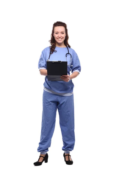 Kaukasische Vrouwelijke Arts Medische Uniform Met Stethoscoop Klembord — Stockfoto