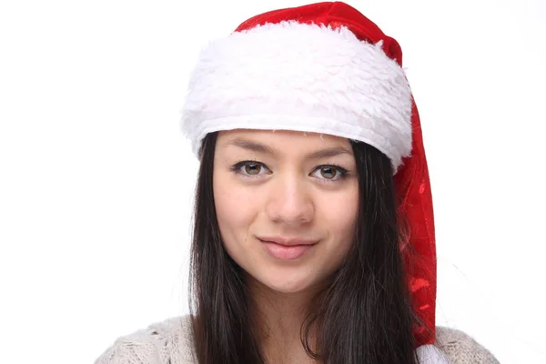 快乐的年轻亚洲女孩戴着圣诞帽 — 图库照片