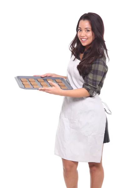 Joven Asiático Mujer Holding Bandeja Con Cookies —  Fotos de Stock