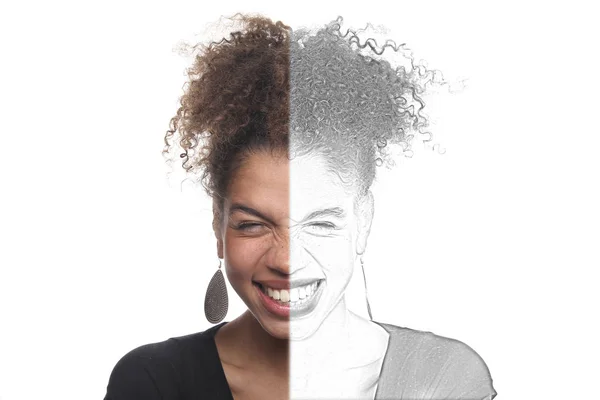 Happy Black Woman Colorful Black White Tone — Stock Photo, Image