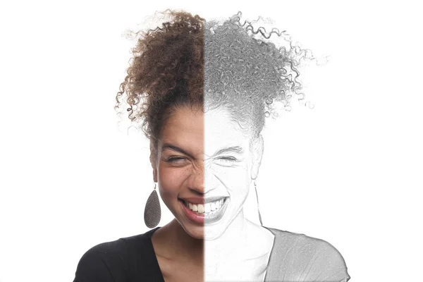 Mujer Negra Feliz Tono Colorido Blanco Negro — Foto de Stock