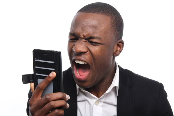 Zwarte Zakenman Schreeuwen Houden Van Een Mobiele Telefoon — Stockfoto