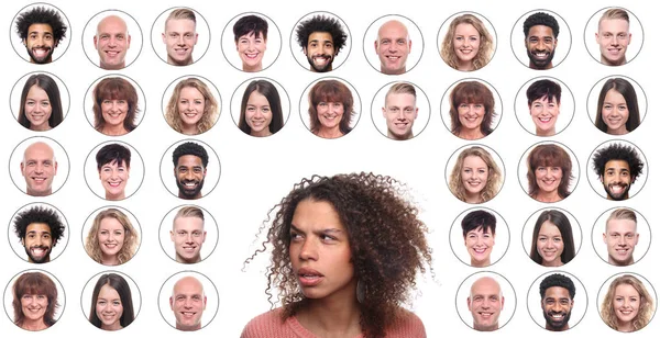 Denken Afroamerikanische Frau Auf Dem Hintergrund Von Ikonen Mit Menschen — Stockfoto