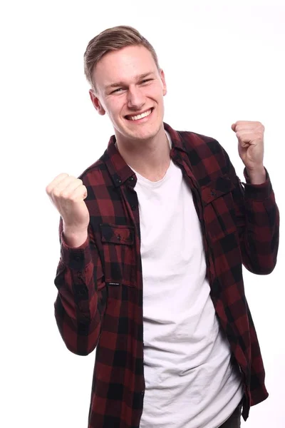 Caucásico Joven Hombre Está Celebrando —  Fotos de Stock