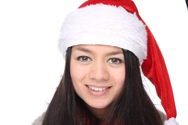 Feliz Jovem Ásia Menina Vestindo Natal Chapéu — Fotografia de Stock