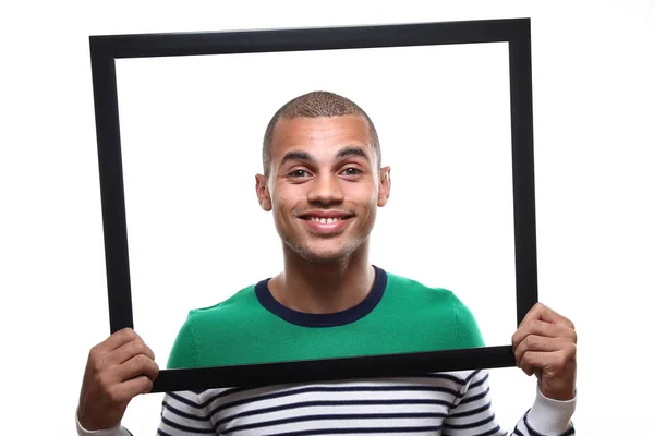 Sorrindo Homem Negro Com Quadro Grande — Fotografia de Stock