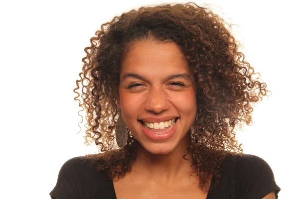 Mujer Negra Feliz Sobre Fondo Blanco — Foto de Stock