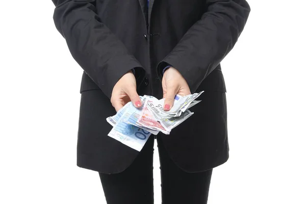 Kvinnan Håller Eurosedlar Nära Håll — Stockfoto