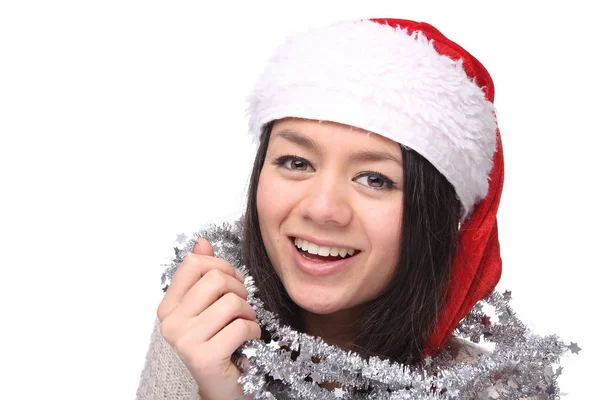 Glücklich Junge Asiatische Mädchen Trägt Weihnachtsmütze — Stockfoto