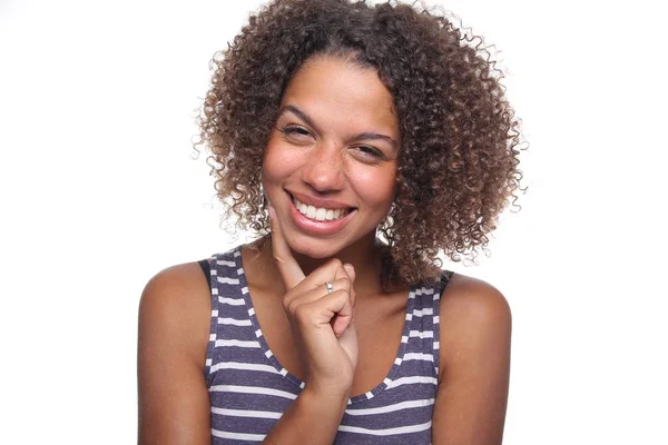 Mujer Negra Feliz Sobre Fondo Blanco — Foto de Stock