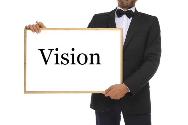 Homme Affaires Tient Tableau Noir Avec Mot Vision — Photo