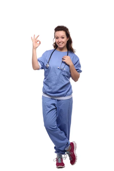 Caucasian Female Doctor Medical Uniform Stethoscope Showing Sign — Stock Photo, Image