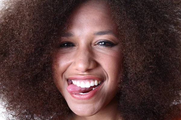 Hermosa Afro Americana Mujer Está Mostrando Lengua —  Fotos de Stock