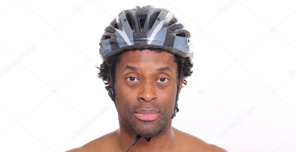 Black sportsman wearing bicycle helmet