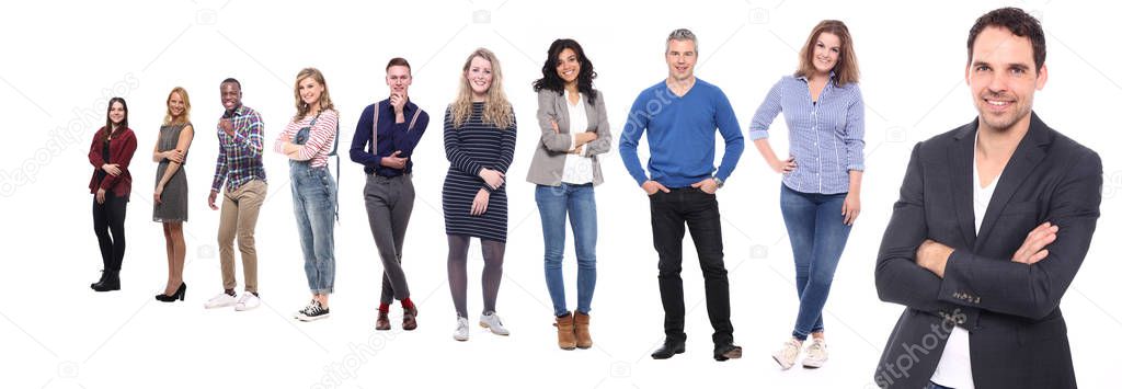 Set of multi-ethnic people is posing on white background