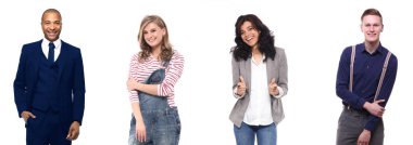 Çok ırklı insanlar kümesi beyaz arka plan üzerinde poz