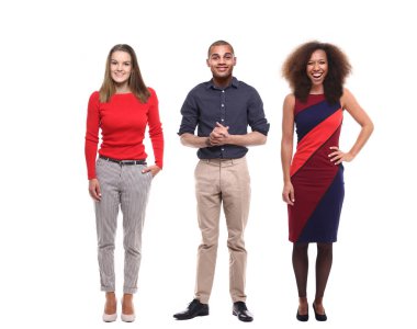 Erkek ve kadın beyaz arka planda poz