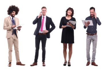 Tablet Pc kullanan ve beyaz arka planda cep telefonu konuşan kişiler