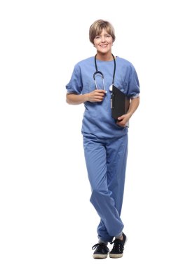 Sürpriz kadın doktor stetoskop ve klasör ile