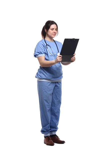 Medico Donna Caucasica Uniforme Medica Con Stetoscopio Appunti — Foto Stock