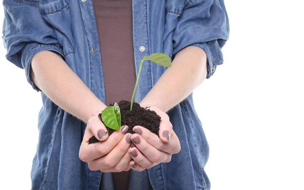 Woman Holding Green Plant Earth — Stock Photo, Image