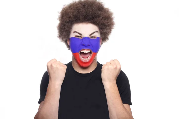 Homem Negro Gritando Com Bandeira Rússia Seu Rosto — Fotografia de Stock