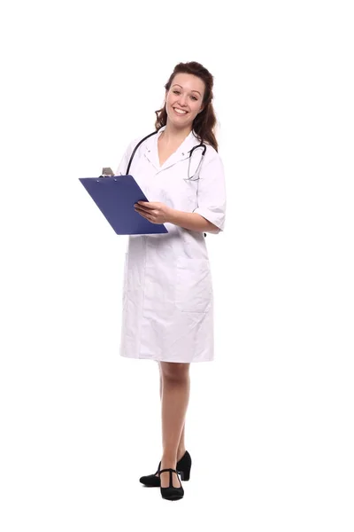 Kaukasiska Kvinnliga Läkare Medicinsk Uniform Med Stetoskop Och Urklipp — Stockfoto
