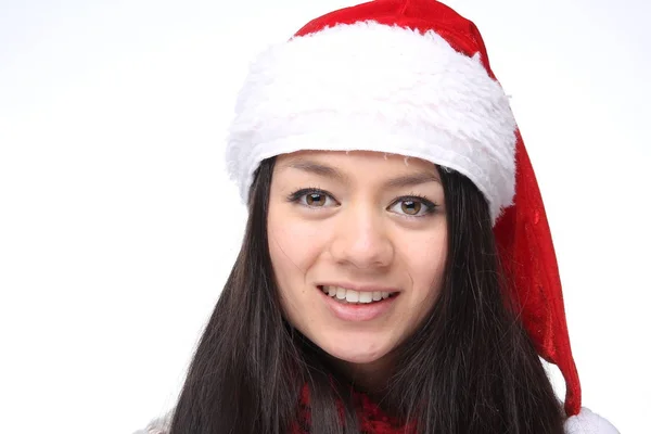 Feliz Jovem Ásia Menina Vestindo Natal Chapéu — Fotografia de Stock