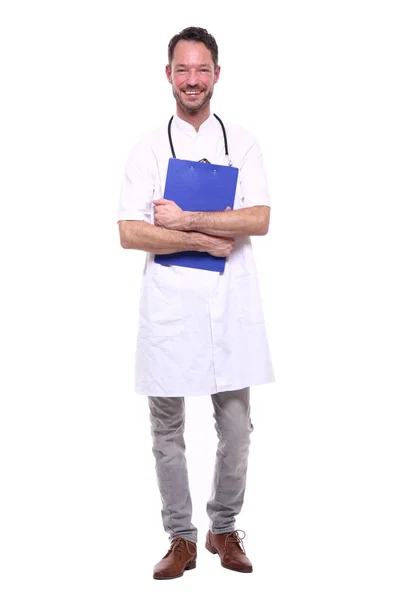 Médico Masculino Vestindo Uniforme Especial Com Estetoscópio Prancheta — Fotografia de Stock