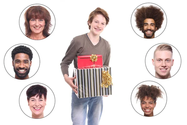 Young Boy Holding Holiday Gifts Set Interracial People — Stock Photo, Image
