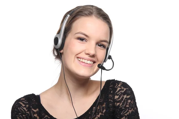 Menina Bonita Usando Fone Ouvido Operador Call Center — Fotografia de Stock