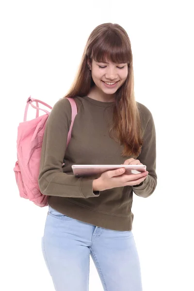 Bela Adolescente Menina Escola Com Tablet — Fotografia de Stock