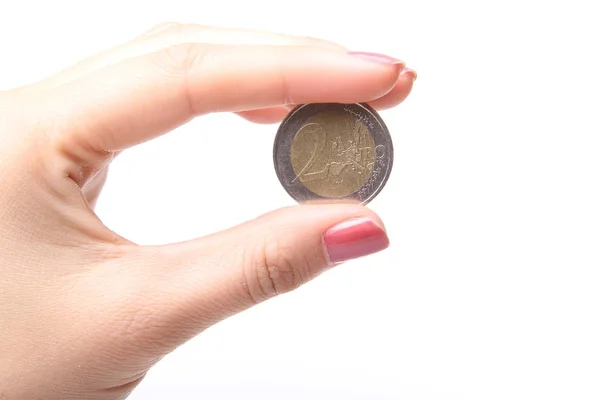 Euro Coin Hand White Background — Stock Photo, Image