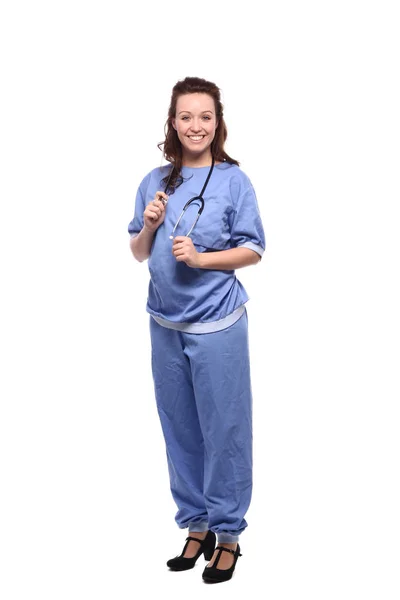 Médica Branca Uniforme Médico Com Estetoscópio — Fotografia de Stock