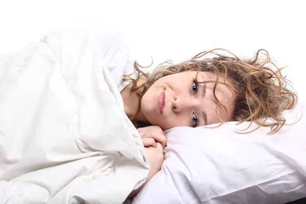 Beautiful Young Girl Lying Bed — Stock Photo, Image