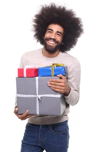 Feliz Hombre Negro Con Cajas Regalo —  Fotos de Stock