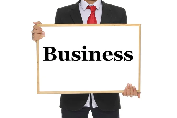 Empresário Está Segurando Quadro Negro Com Palavra Negócios — Fotografia de Stock