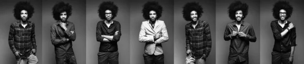 Colagem Homem Negro Diferentes Poses Tom Preto Branco — Fotografia de Stock