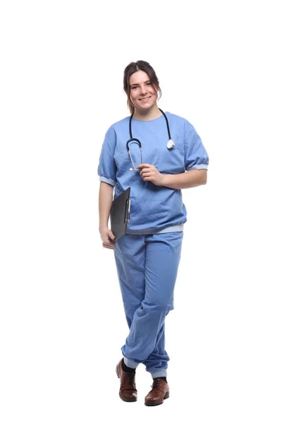 Kaukasische Vrouwelijke Arts Medische Uniform Met Stethoscoop Klembord — Stockfoto