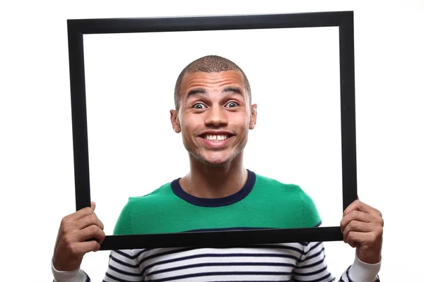 Lachende Zwarte Man Met Grote Frame — Stockfoto